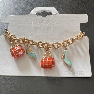 Gold Charm Bracelet with Coral and Blue Accents